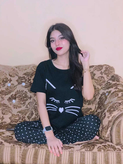 New Arrival meow  Printed Half Sleeves Shirt And Printed Trouser Night Wear