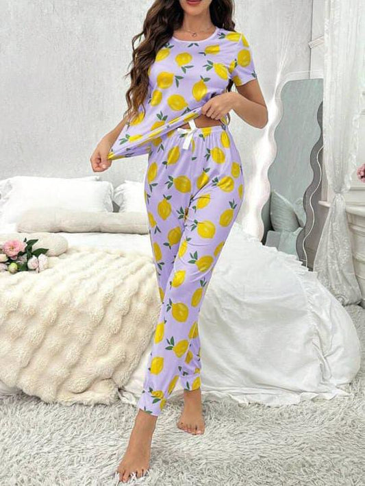 New PUPLE LEMON  Printed Half Sleeves Shirt And Printed Trouser Night Wear