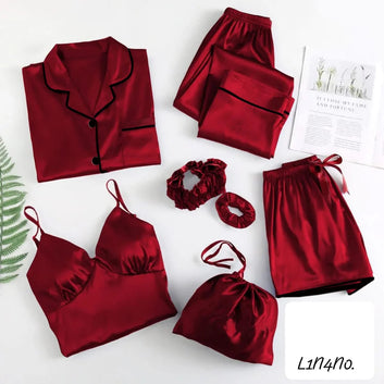 5-Piece Short Slit Silk Nighty Set – Luxurious Nightwear for Women