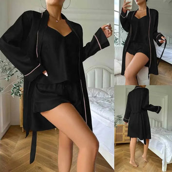 3-Piece Short Slit Silk Nighty Set – Luxurious Nightwear for Women