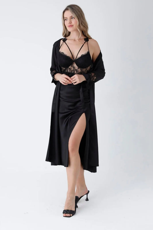 6-Piece Long Slit Silk Nighty Set in Black – Luxurious Nightwear for Women