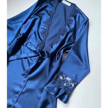 6-Piece Long Slit Silk Nighty Set in Blue – Luxurious Nightwear for Women