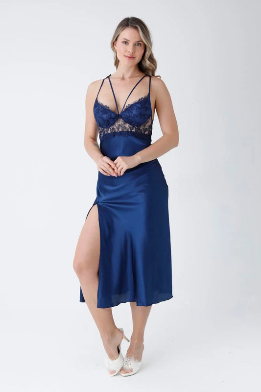 6-Piece Long Slit Silk Nighty Set in Blue – Luxurious Nightwear for Women