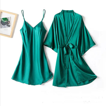 2-Piece Long Slit Silk Nighty Set – Luxurious Nightwear for Women