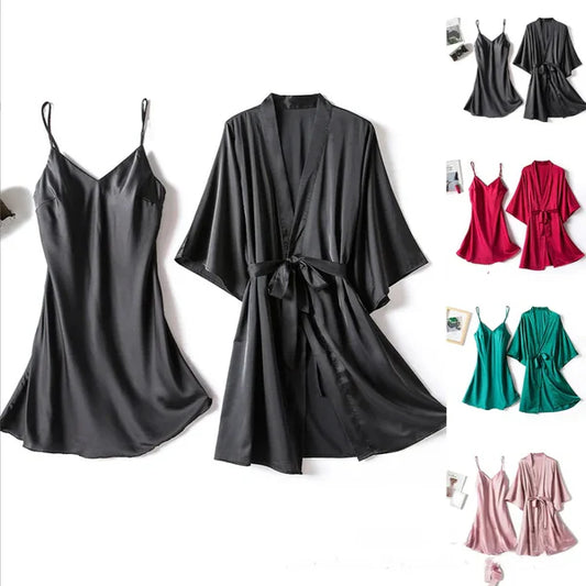 2-Piece Long Slit Silk Nighty Set – Luxurious Nightwear for Women
