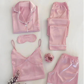 6-Piece Short Slit Silk Nighty Set – Luxurious Nightwear for Women