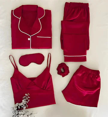 6-Piece Short Slit Silk Nighty Set – Luxurious Nightwear for Women