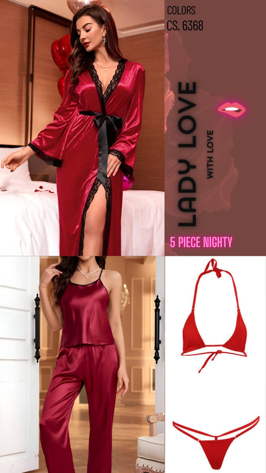 5-Piece Long Slit Silk Nighty Set – Luxurious Nightwear for Women