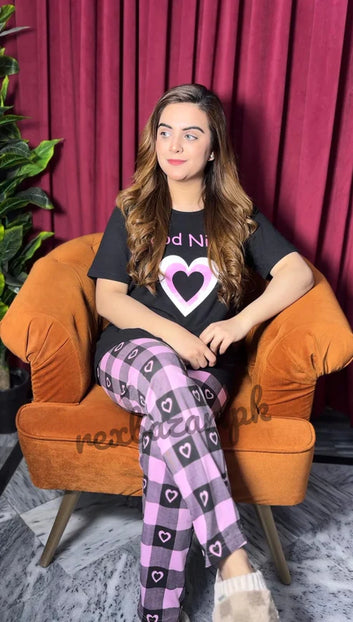 New HEART  Printed Half Sleeves Shirt And Printed Trouser Night Wear