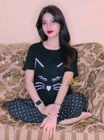 New Arrival meow  Printed Half Sleeves Shirt And Printed Trouser Night Wear