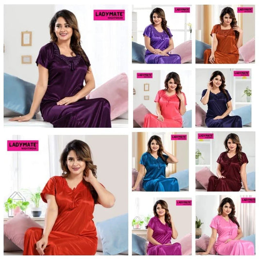 1-Piece Long Slit Silk Nighty Set – Luxurious Nightwear for Women